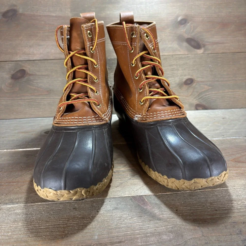 LL Bean Duck Boots Mens size 10 shoes Tan Leather Waterproof Lace Up winter rain
